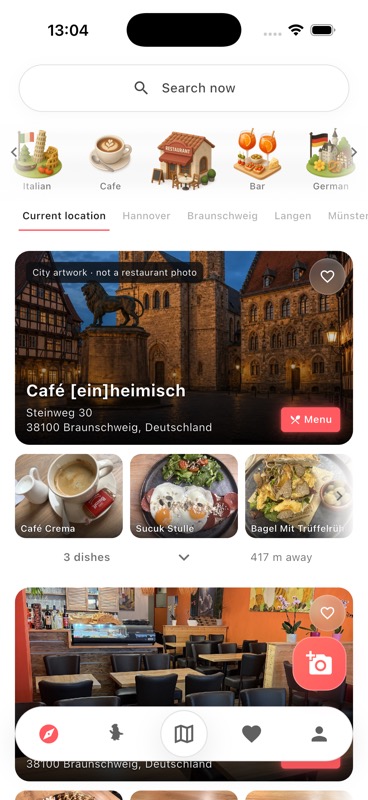 The Nomora app showing restaurant discovery on a white interface
